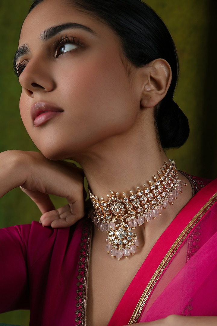 Gold Plated Kundan Polki & Pink Tumble Choker Necklace In Sterling Silver by Varq Jewels at Pernia's Pop Up Shop