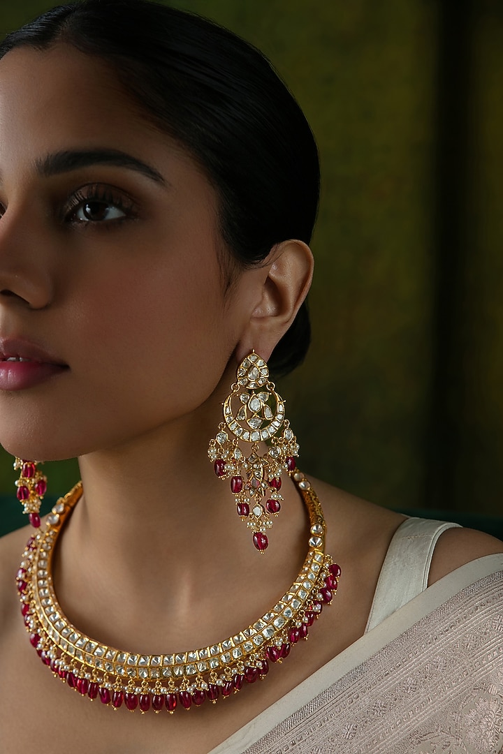 Gold Plated Kundan Polki & Ruby Bead Dangler Earrings In Sterling Silver by Varq Jewels at Pernia's Pop Up Shop