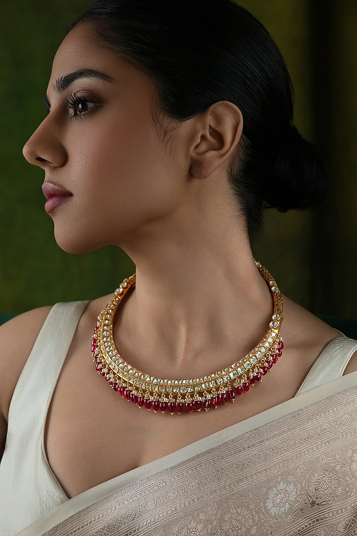 Gold Plated Kundan Polki & Ruby Bead Necklace In Sterling Silver by Varq Jewels at Pernia's Pop Up Shop