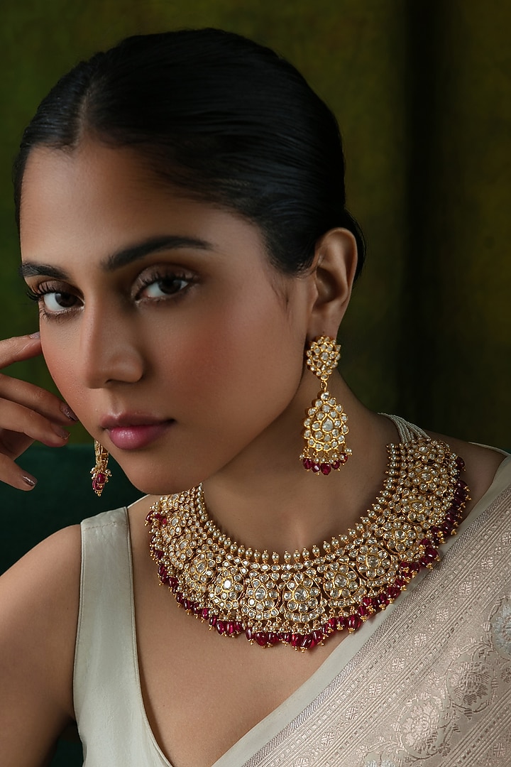 Gold Plated Kundan Polki & Ruby Bead Dangler Earrings In Sterling Silver by Varq Jewels at Pernia's Pop Up Shop