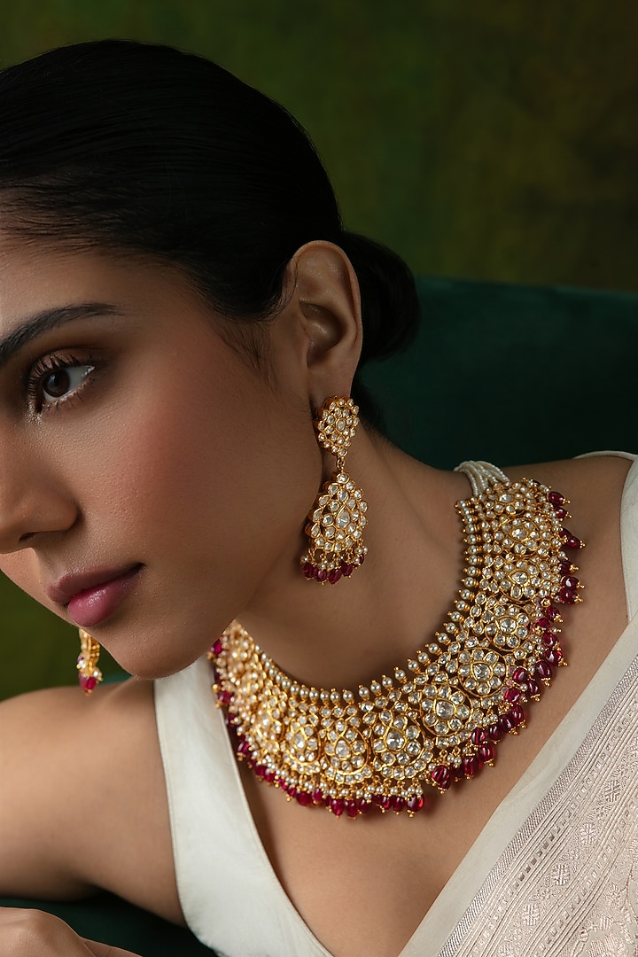 Gold Plated Kundan Polki & Ruby Bead Necklace In Sterling Silver by Varq Jewels at Pernia's Pop Up Shop