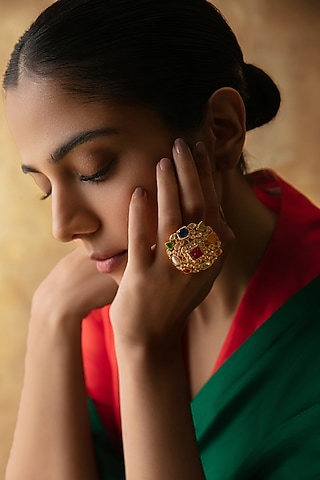 Gold Plated Multi-Colored Gemstone & Kundan Polki Ring In Sterling Silver by Varq Jewels