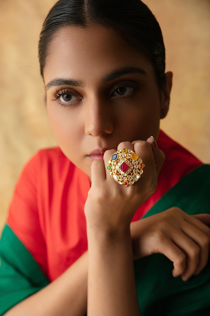 Gold Plated Multi-Colored Gemstone & Kundan Polki Ring In Sterling Silver by Varq Jewels at Pernia's Pop Up Shop