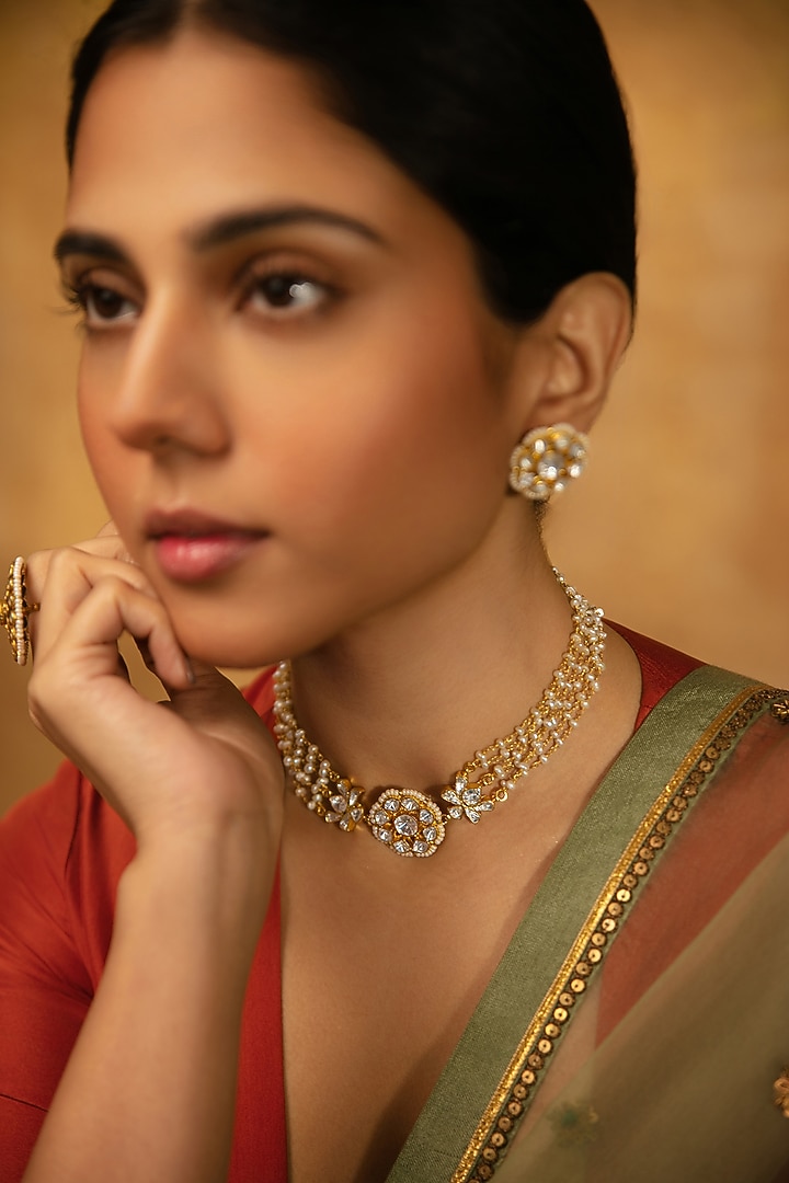 Gold Plated Kundan Polki & Pearl Stud Earrings In Sterling Silver by Varq Jewels at Pernia's Pop Up Shop