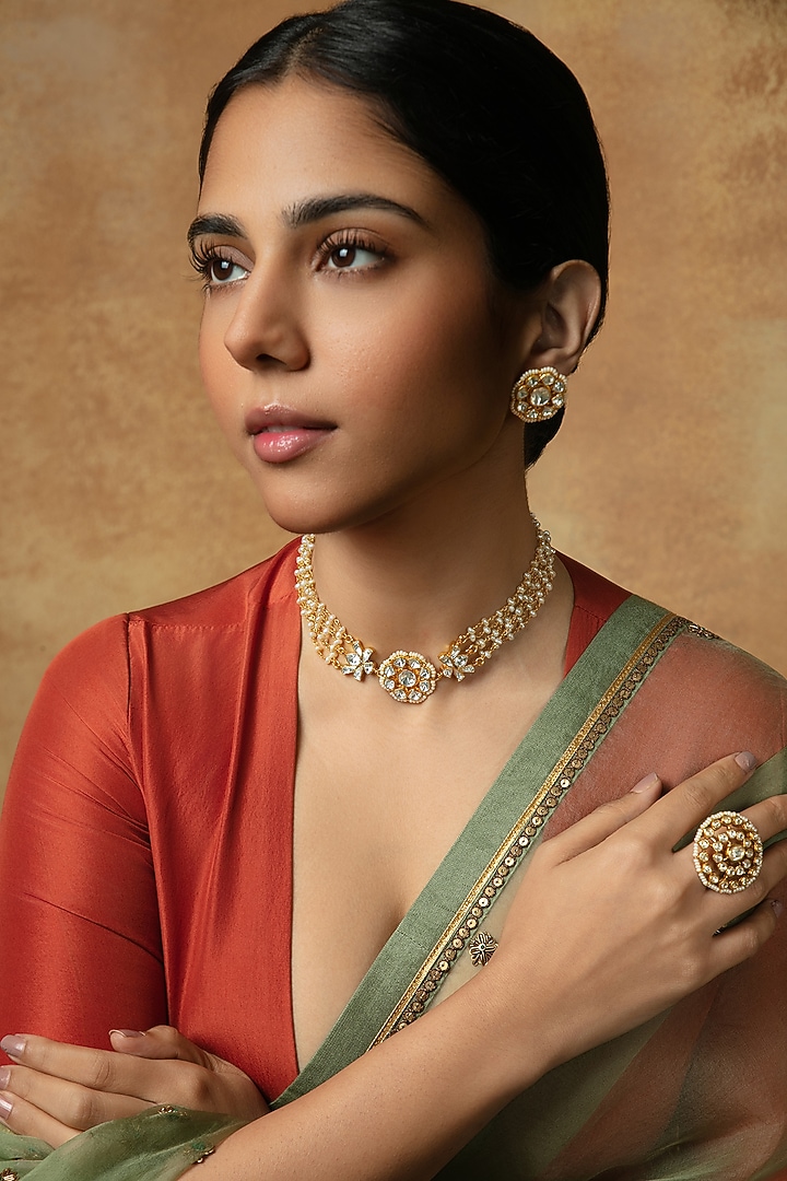 Gold Plated Kundan Polki & Pearl Stud Earrings In Sterling Silver by Varq Jewels at Pernia's Pop Up Shop