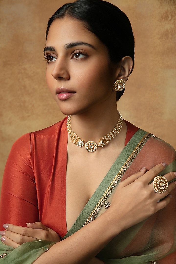 Gold Plated Kundan Polki Choker Necklace In Sterling Silver by Varq Jewels at Pernia's Pop Up Shop
