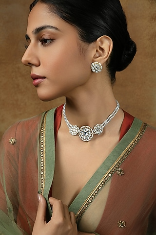 Gold Plated Kundan Polki & Pearl Floral Stud Earrings In Sterling Silver by Varq Jewels