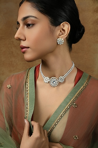 Gold Plated Kundan Polki & Pearl Layered Choker Necklace In Sterling Silver by Varq Jewels