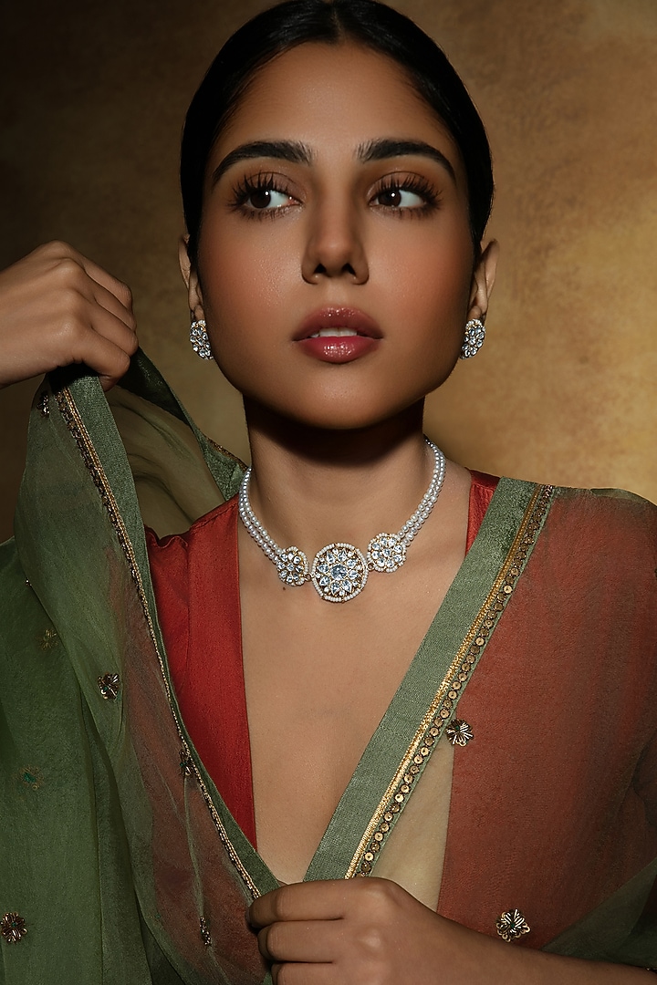 Gold Plated Kundan Polki & Pearl Layered Choker Necklace In Sterling Silver by Varq Jewels at Pernia's Pop Up Shop