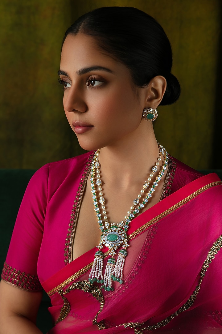 Gold Plated Moissanite & Semi-Precious Stone Layered Necklace In Sterling Silver by Varq Jewels at Pernia's Pop Up Shop