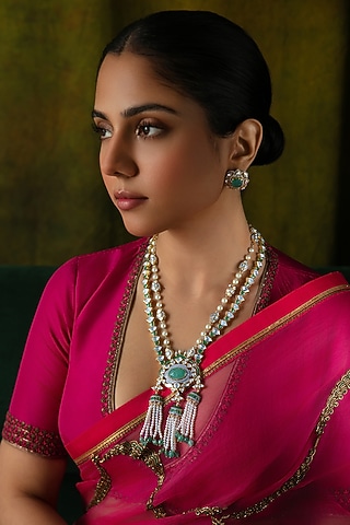 Gold Plated Moissanite & Semi-Precious Stone Layered Necklace In Sterling Silver by Varq Jewels