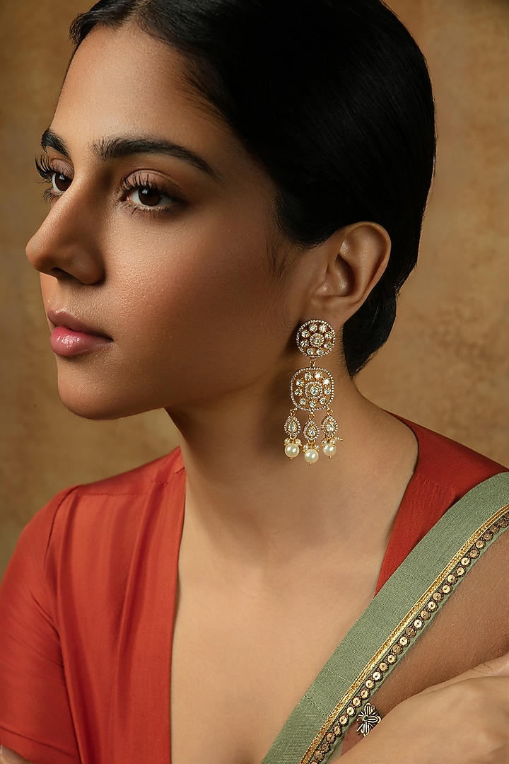 Gold Plated Moissanite Stone & Pearl Dangler Earrings In Sterling Silver by Varq Jewels at Pernia's Pop Up Shop