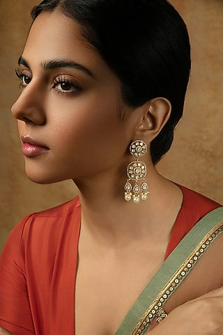 Gold Plated Moissanite Stone & Pearl Dangler Earrings In Sterling Silver by Varq Jewels