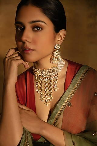 Gold Plated Moissanite Stone & Pearl Drop Choker Necklace In Sterling Silver by Varq Jewels
