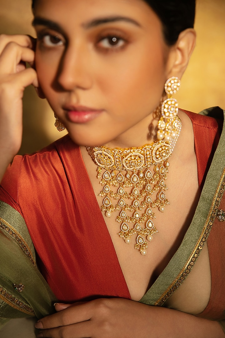 Gold Plated Moissanite Stone & Pearl Drop Choker Necklace In Sterling Silver by Varq Jewels at Pernia's Pop Up Shop