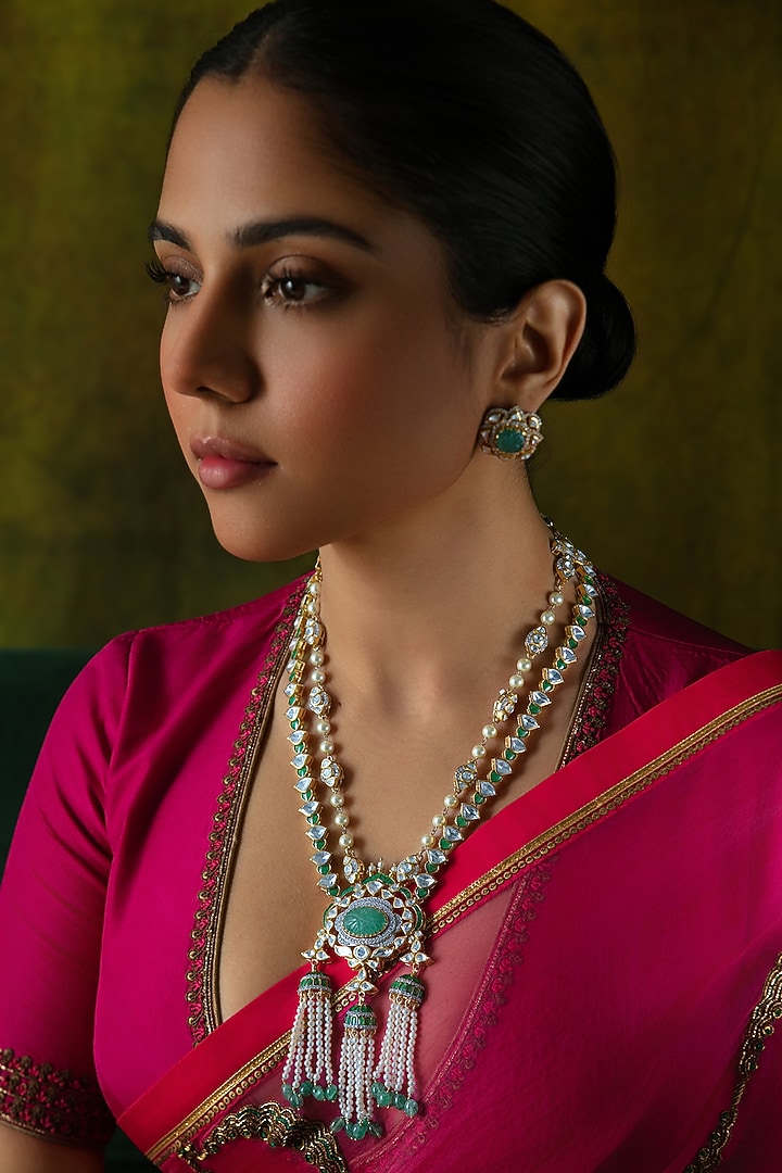 Gold Plated Moissanite & Green Semi-Precious Stone Stud Earrings In Sterling Silver by Varq Jewels at Pernia's Pop Up Shop