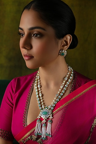 Gold Plated Moissanite & Green Semi-Precious Stone Stud Earrings In Sterling Silver by Varq Jewels
