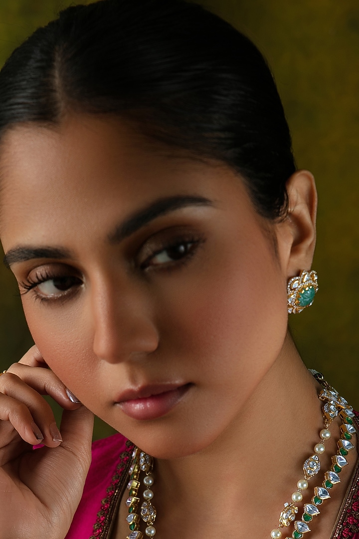 Gold Plated Moissanite & Green Semi-Precious Stone Stud Earrings In Sterling Silver by Varq Jewels at Pernia's Pop Up Shop