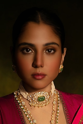 Gold Plated Emerald & Moissanite Choker Necklace In Sterling Silver by Varq Jewels