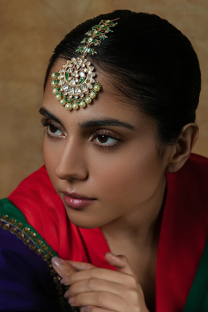 Gold Plated Moissanite Stone & Pearl Maangtikka In Sterling Silver by Varq Jewels at Pernia's Pop Up Shop