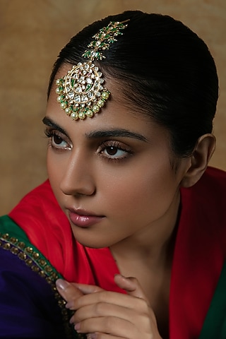 Gold Plated Moissanite Stone & Pearl Maangtikka In Sterling Silver by Varq Jewels