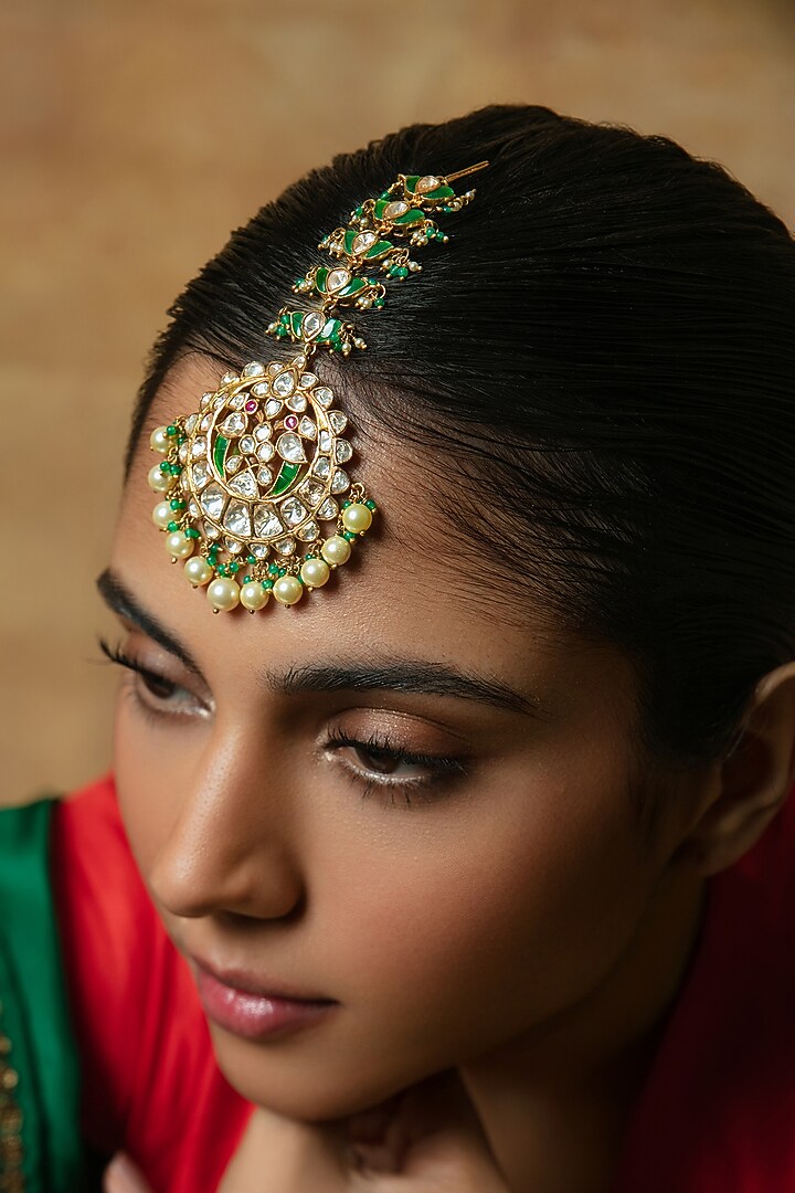 Gold Plated Moissanite Stone & Pearl Maangtikka In Sterling Silver by Varq Jewels at Pernia's Pop Up Shop