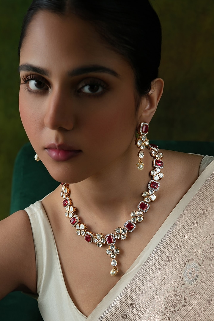 Gold Plated Moissanite Stone Necklace Set In Sterling Silver by Varq Jewels at Pernia's Pop Up Shop