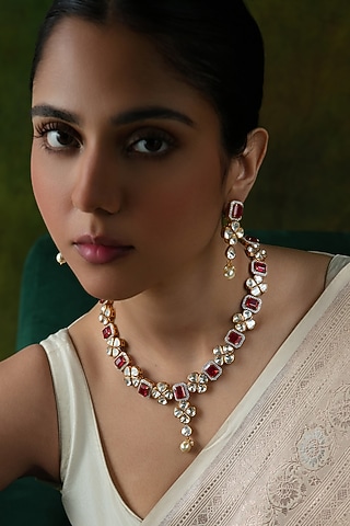 Gold Plated Moissanite Stone Necklace Set In Sterling Silver by Varq Jewels