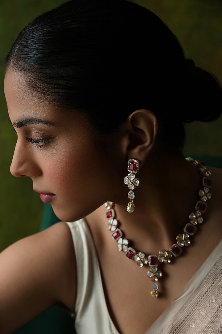 Gold Plated Moissanite Stone Necklace Set In Sterling Silver by Varq Jewels at Pernia's Pop Up Shop