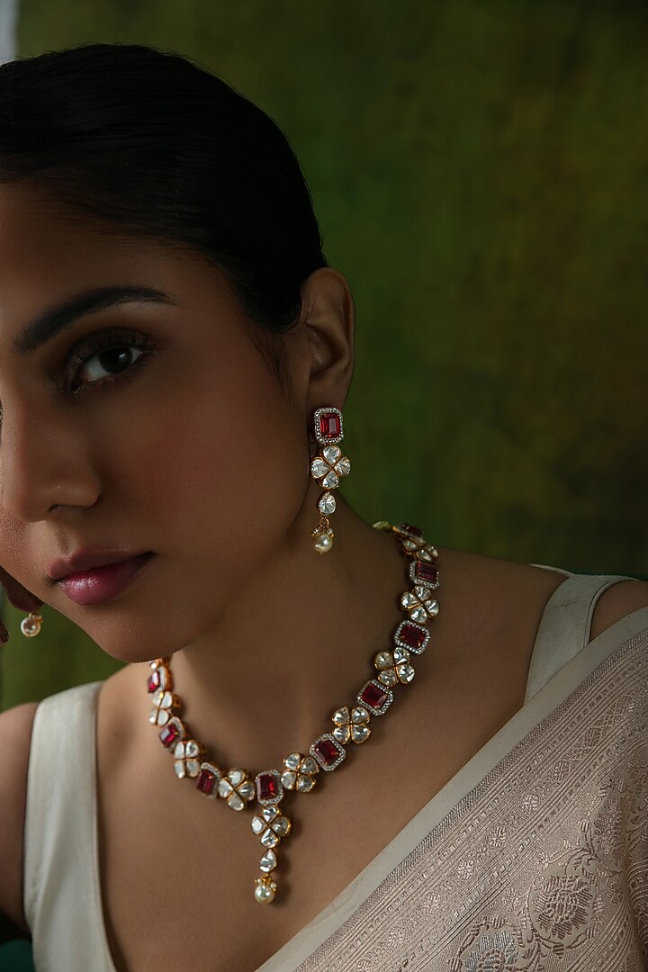 Gold Plated Moissanite Stone Necklace Set In Sterling Silver by Varq Jewels at Pernia's Pop Up Shop