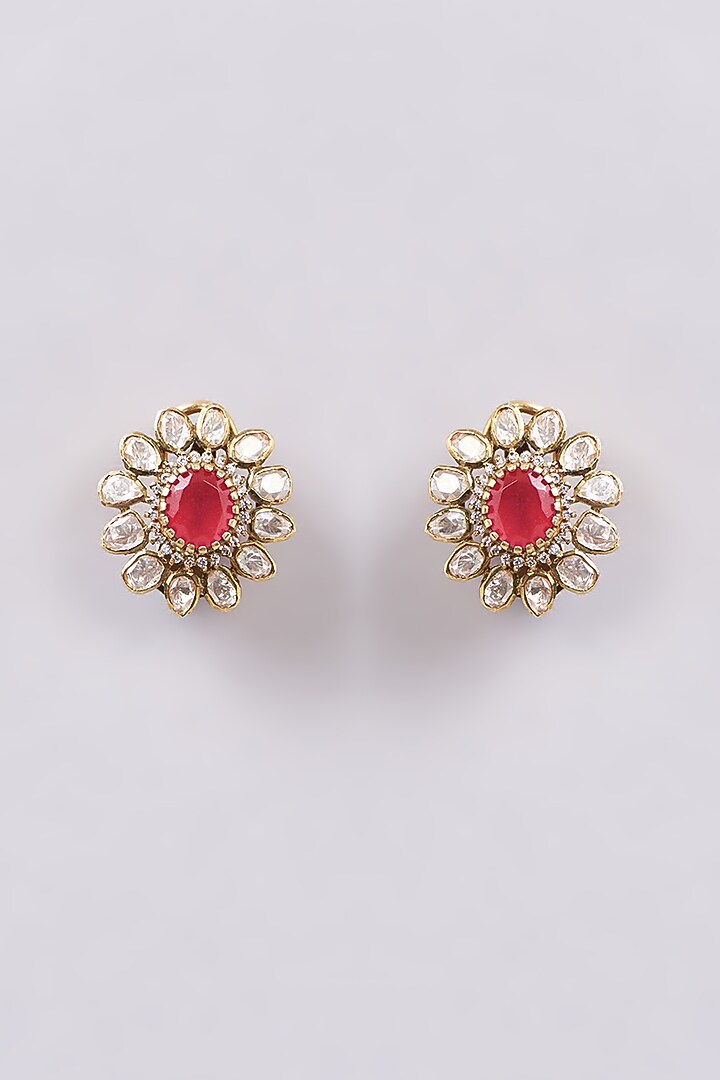 Gold Plated Red Drop & Kundan Floral Stud Earrings In Sterling Silver by Varq Jewels at Pernia's Pop Up Shop
