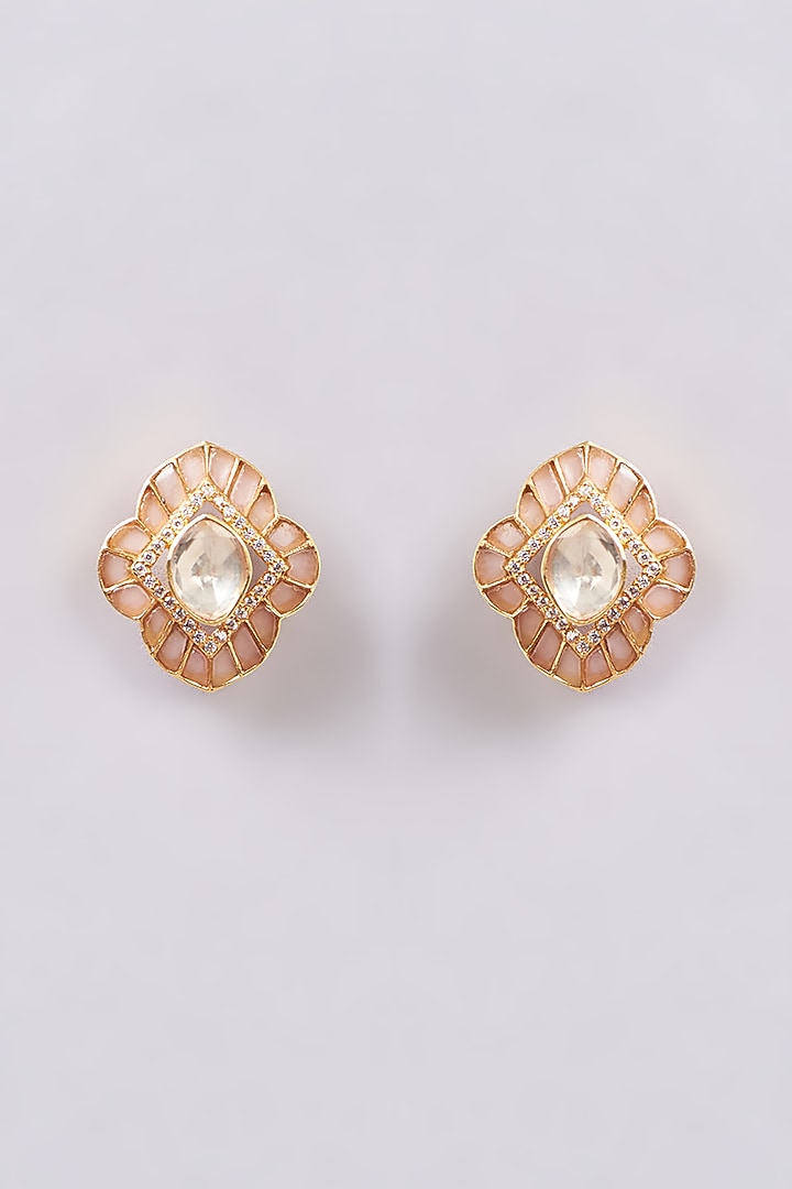 Gold Finish Baby Pink Synthetic Stone Stud Earrings In Sterling Silver by Varq Jewels at Pernia's Pop Up Shop