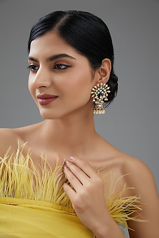 Gold Plated Kundan Polki & Blue Stone Chandbali Earrings In Sterling Silver by Varq Jewels