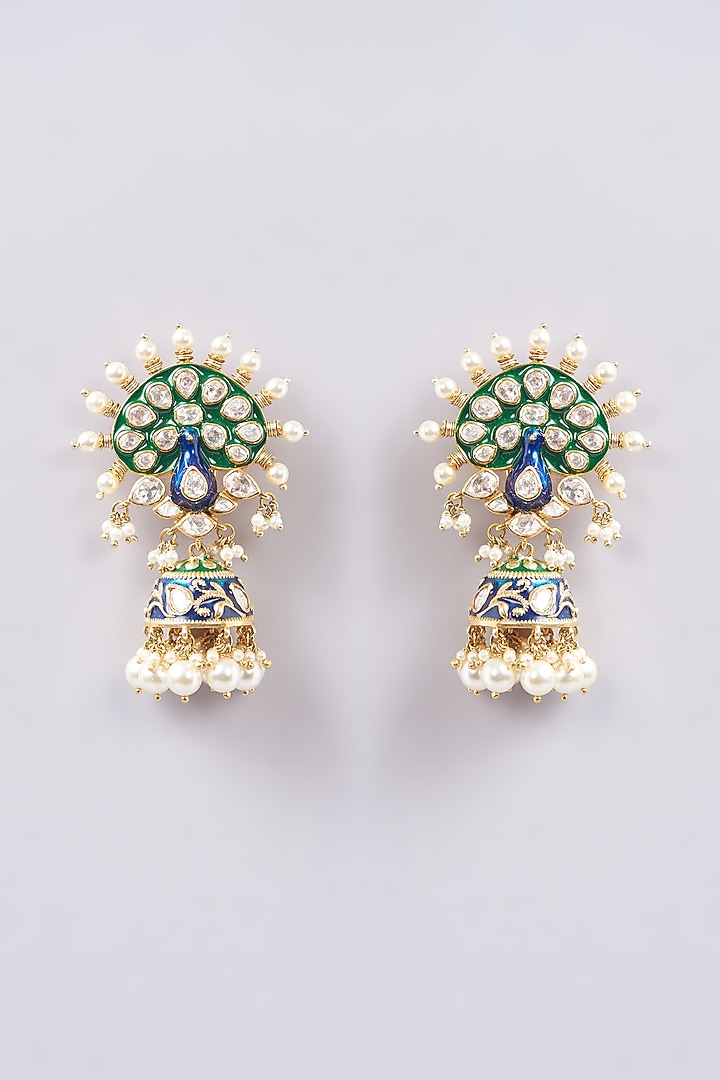 Gold Plated Kundan Polki & Blue Stone Chandbali Earrings In Sterling Silver by Varq Jewels at Pernia's Pop Up Shop