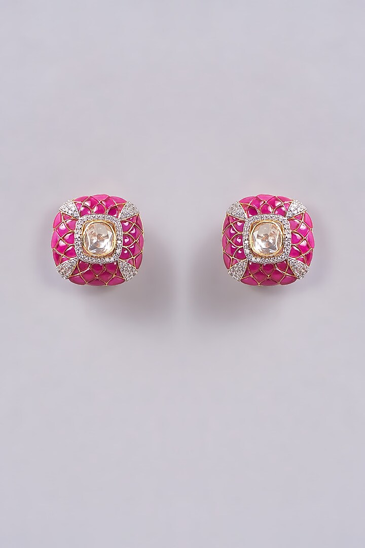 Gold Finish Polki Stone Stud Earrings In Sterling Silver by Varq Jewels at Pernia's Pop Up Shop