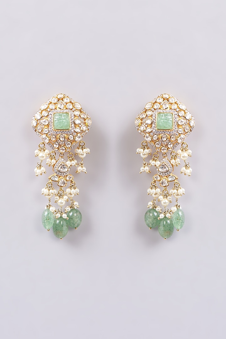 Gold Finish Kundan Polki & Pearl Jhumka Earrings In Sterling Silver by Varq Jewels at Pernia's Pop Up Shop