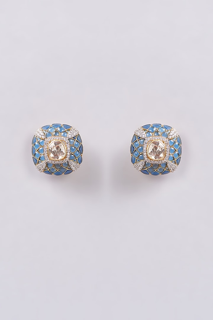 Gold Finish Blue Synthetic Stone Stud Earrings In Sterling Silver by Varq Jewels at Pernia's Pop Up Shop