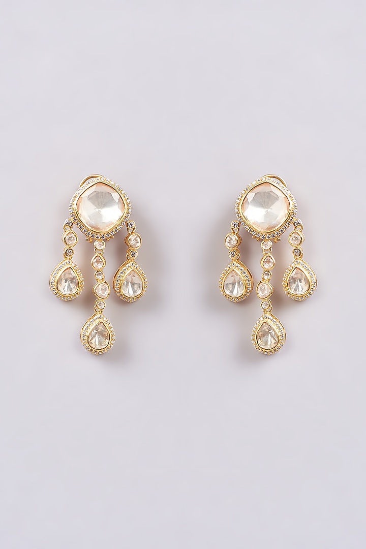 Gold Finish White Synthetic Stone Dangler Earrings In Sterling Silver by Varq Jewels at Pernia's Pop Up Shop