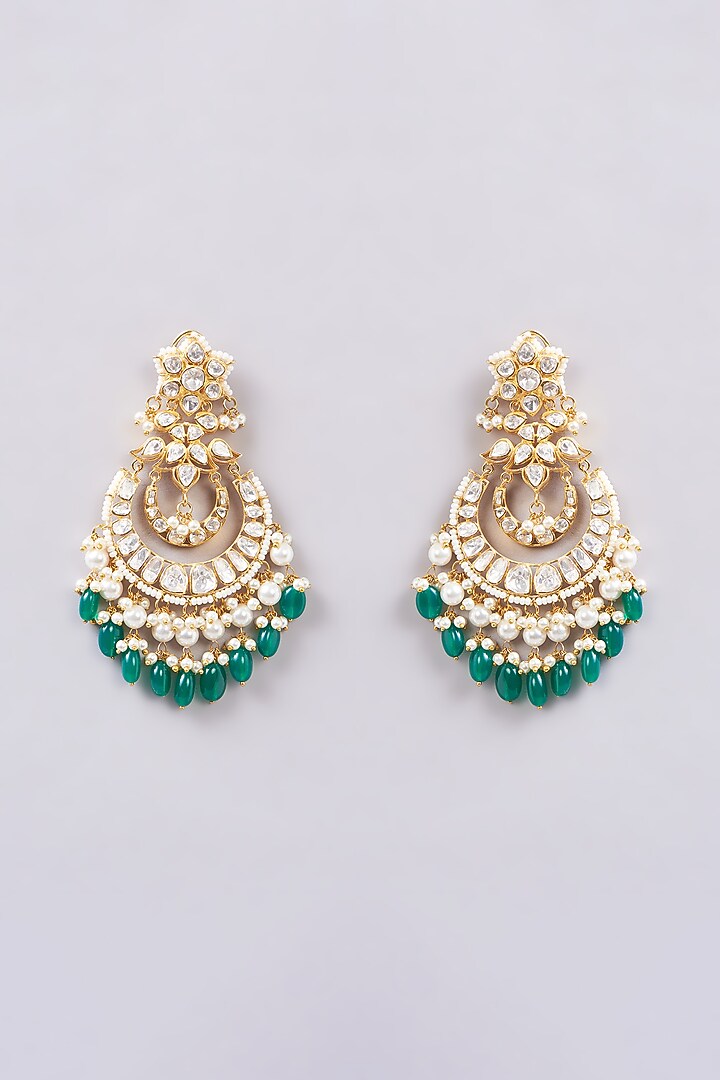 Gold Finish Kundan Polki & Green Stones Chandbali Earrings In Sterling Silver by Varq Jewels at Pernia's Pop Up Shop