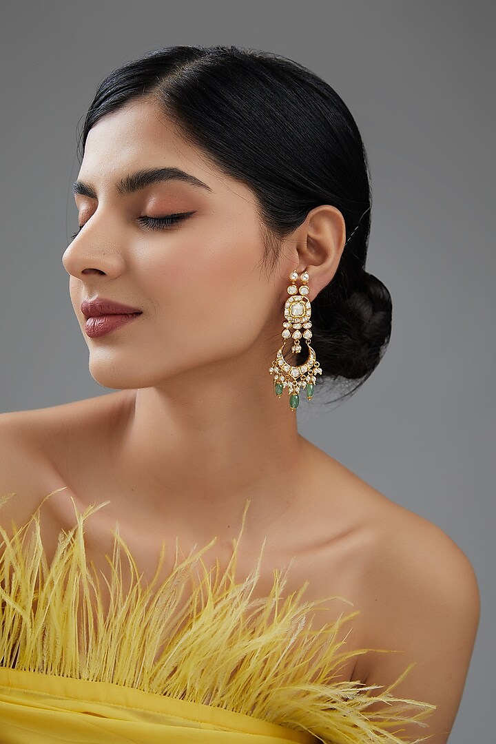 Gold Plated Kundan Polki & White Synthetic Stone Jhumka Earrings In Sterling Silver by Varq Jewels