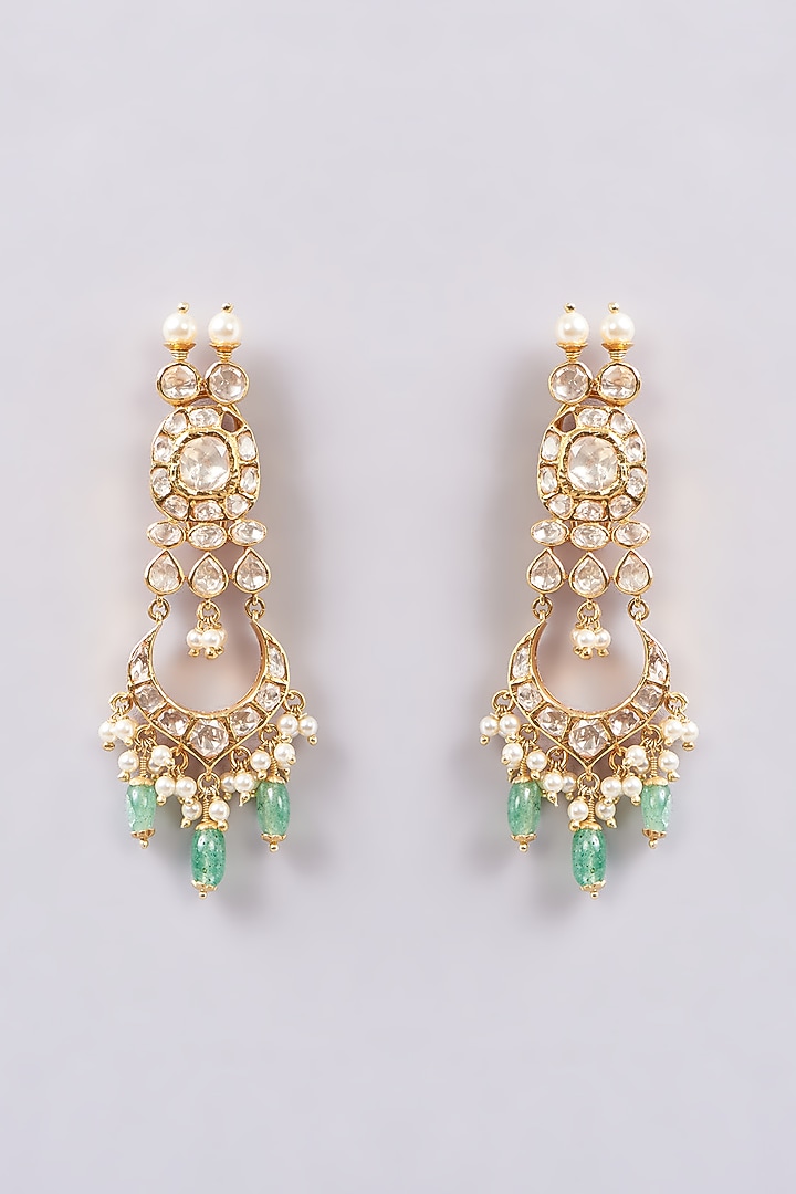 Gold Plated Kundan Polki & White Synthetic Stone Jhumka Earrings In Sterling Silver by Varq Jewels at Pernia's Pop Up Shop