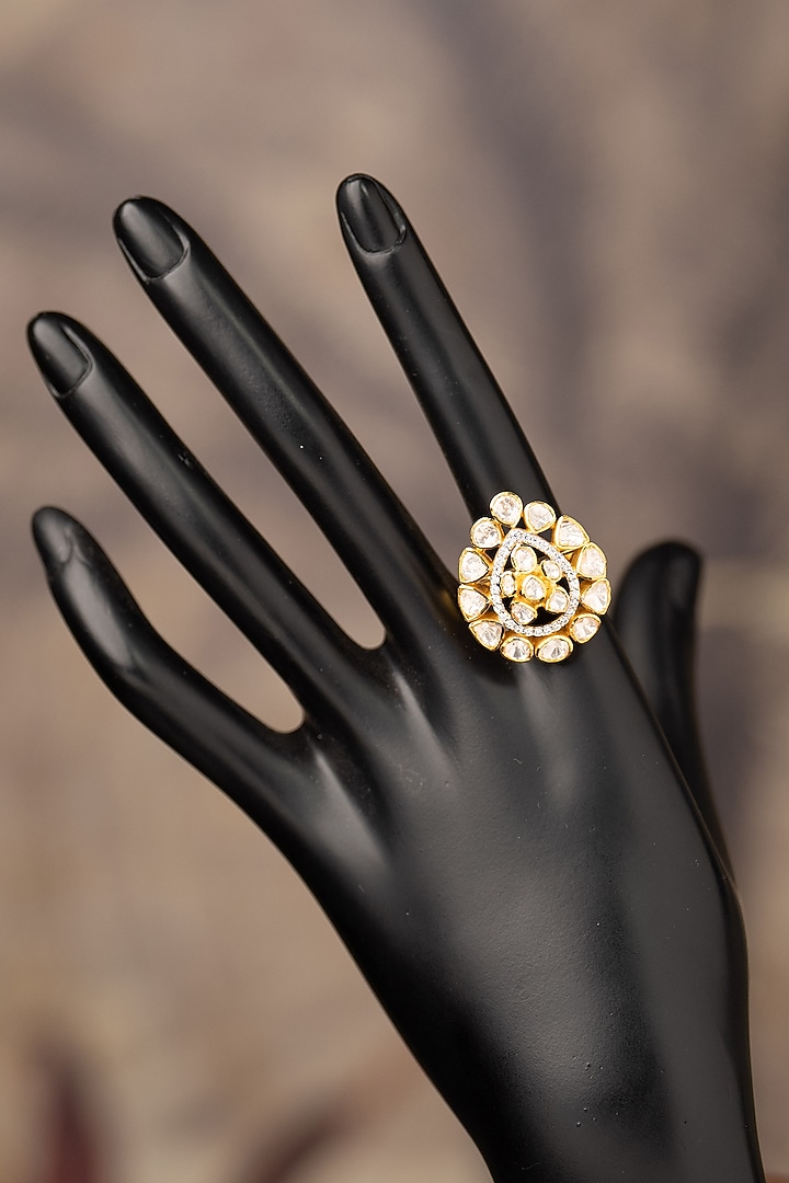 Gold Finish Kundan Polki Adjustable Ring In Sterling Silver by Varq Jewels at Pernia's Pop Up Shop