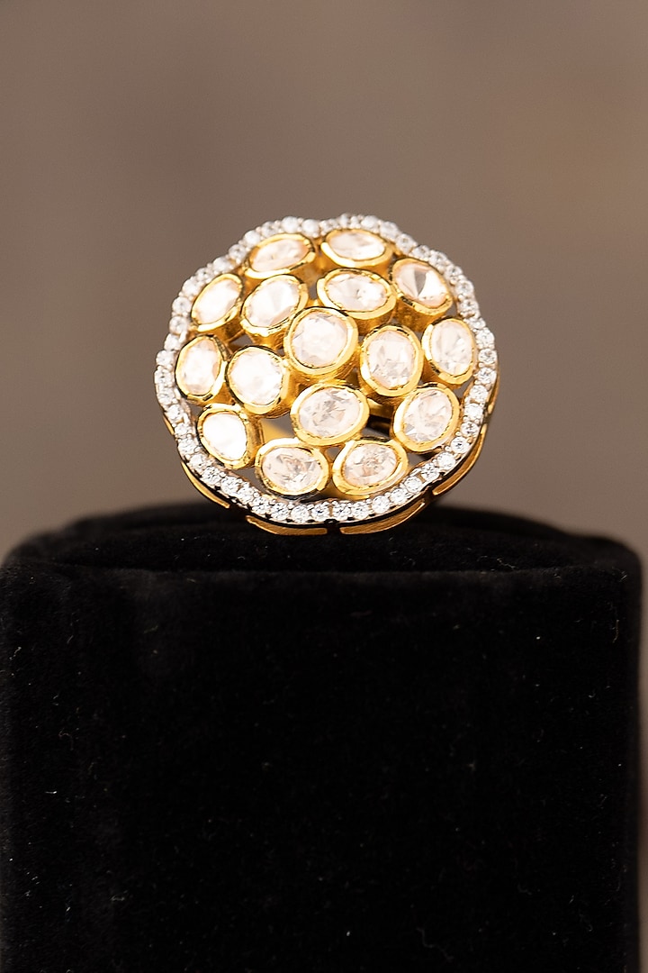 Gold Finish Kundan Polki Adjustable Ring In Sterling Silver by Varq Jewels
