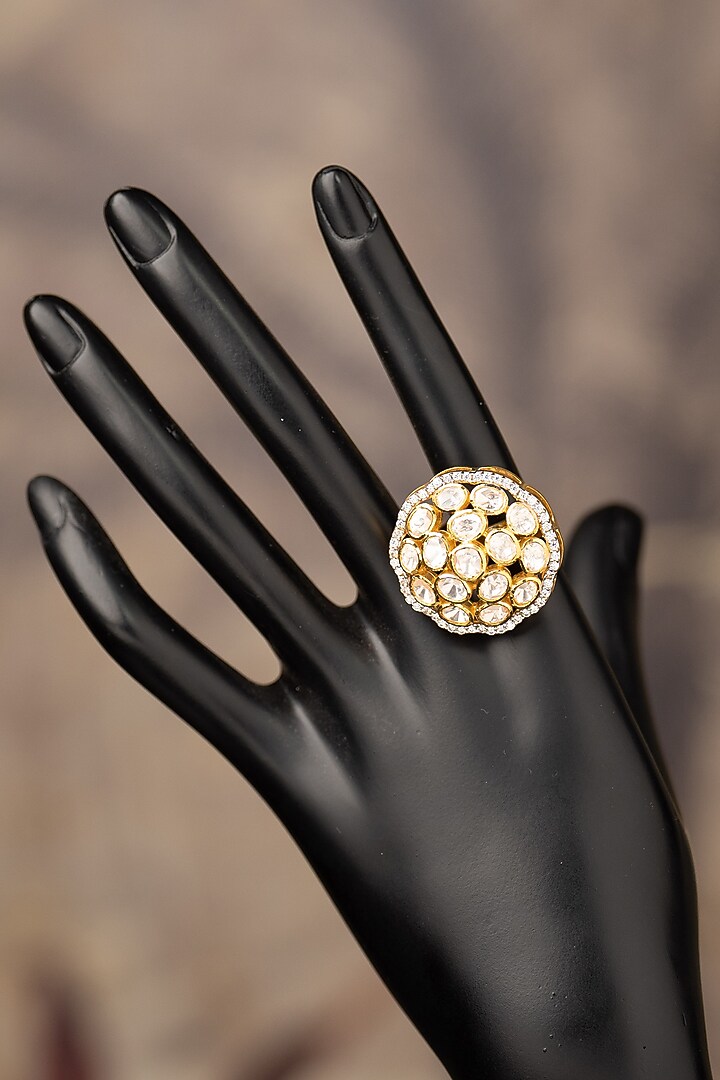 Gold Finish Kundan Polki Adjustable Ring In Sterling Silver by Varq Jewels at Pernia's Pop Up Shop