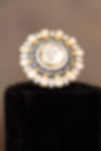 Gold Finish Kundan Polki Adjustable Ring In Sterling Silver by Varq Jewels