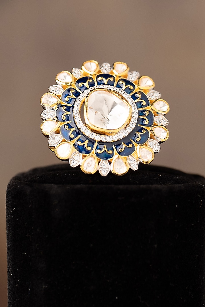 Gold Finish Kundan Polki Adjustable Ring In Sterling Silver by Varq Jewels