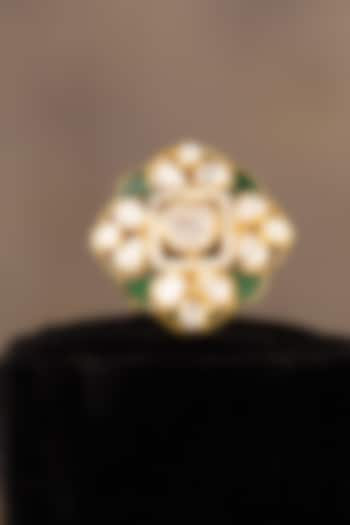 Gold Finish Kundan Polki Adjustable Ring In Sterling Silver by Varq Jewels