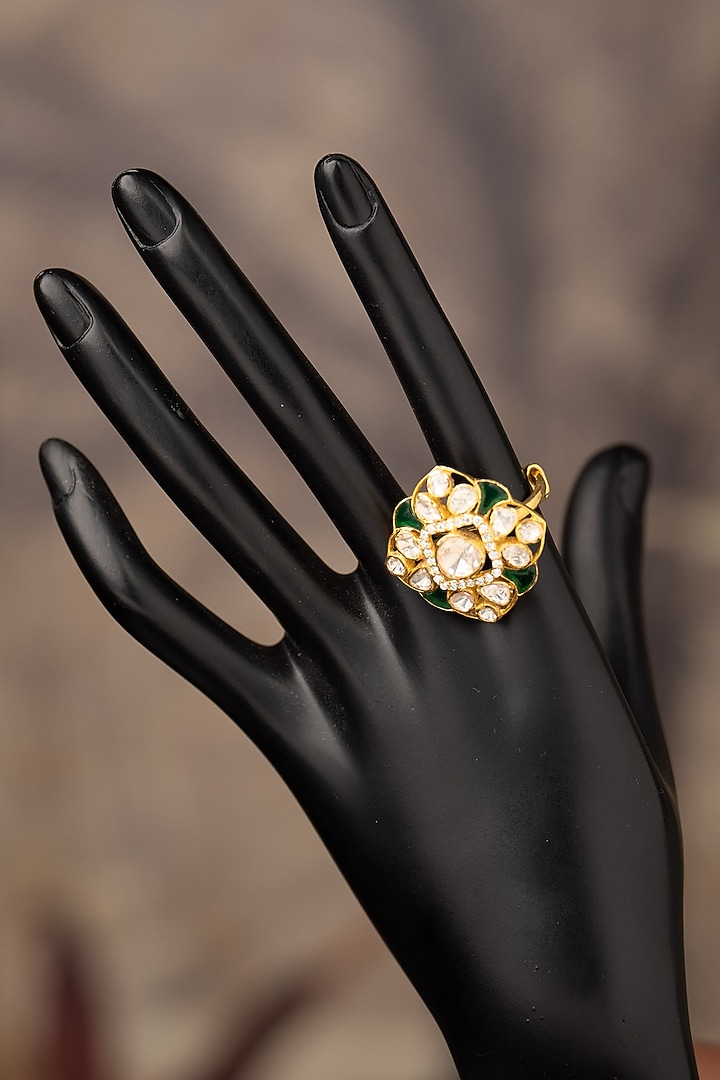 Gold Finish Kundan Polki Adjustable Ring In Sterling Silver by Varq Jewels at Pernia's Pop Up Shop