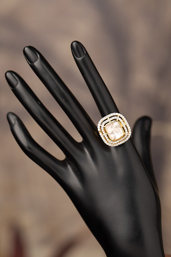 Gold Finish Kundan Polki Adjustable Ring In Sterling Silver by Varq Jewels at Pernia's Pop Up Shop