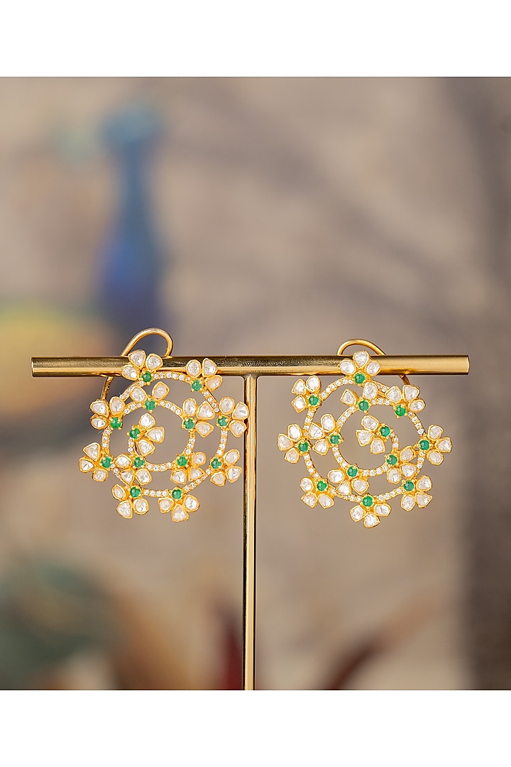 Gold Plated Floral Dangler Earrings In Sterling Silver by Varq Jewels